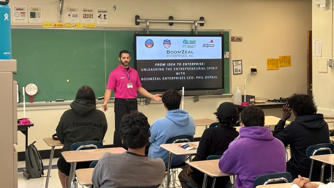 phil depaul in the classroom speaking to career day students